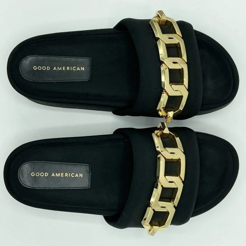 Good American Platform Slide Sandals Women Size 9.5 Black Gold Chain Link Padded